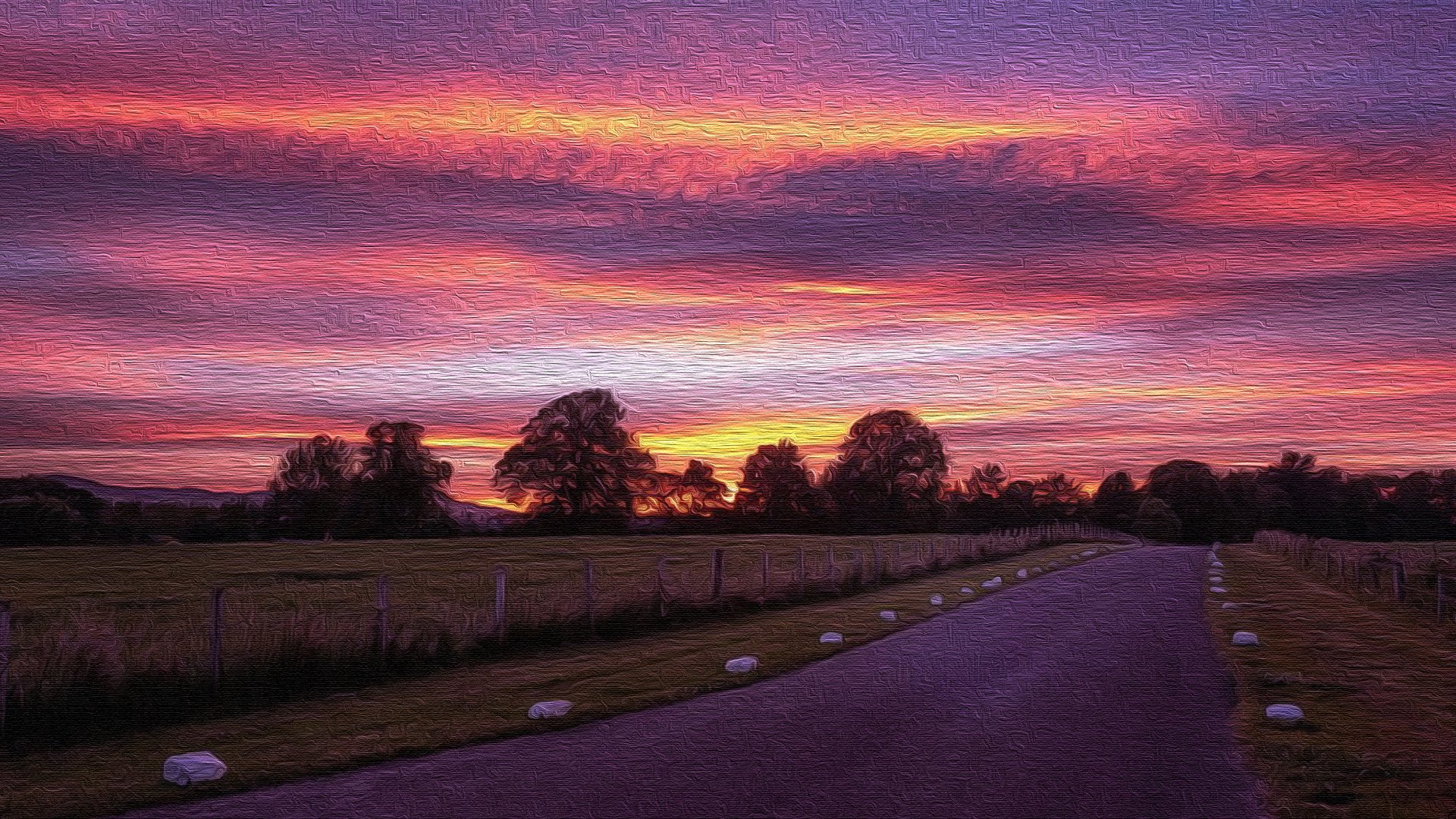 3840x2160 Country Road Sunset - Oil on Canvas Wallpaper Background Image. 