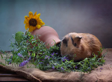 HD desktop wallpaper featuring a brown guinea pig nestled in greenery with a sunflower and a small pumpkin in the background.