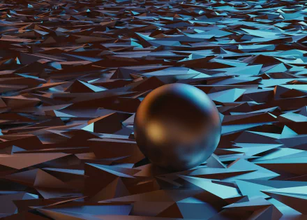 HD PC desktop wallpaper featuring an abstract dark metallic sphere resting on a surface of irregular, angular shards with blue and copper lighting accents.