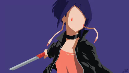 Minimalist HD anime wallpaper featuring Kyōka Jirō from My Hero Academia with purple hair, a collar, jacket, and sword on a solid blue background.