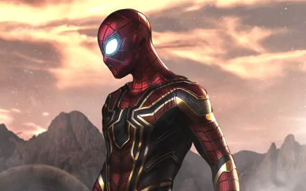 HD desktop wallpaper featuring Peter Parker as Spider-Man in the Iron Spider suit from the movie Avengers: Infinity War against a dramatic mountainous backdrop.