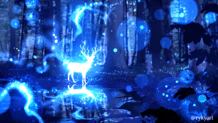 Glowing blue spirit deer in a misty fantasy forest, reflected in a pool — HD PC desktop wallpaper background.