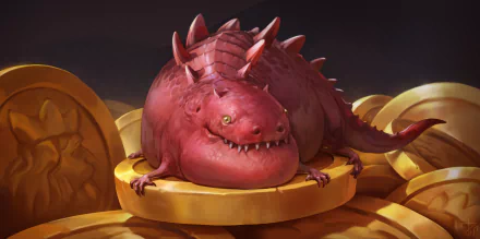 HD desktop wallpaper featuring a chubby, red dragon resting on a pile of gold coins in a fantasy setting.