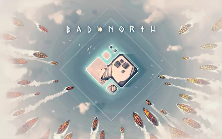 HD wallpaper of Bad North game featuring boats approaching a small island with strategic overlay graphics.