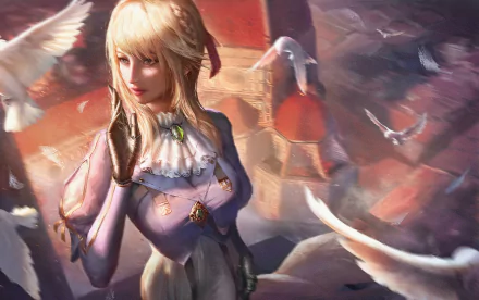 Violet Evergarden in a lilac uniform, gazing as white doves circle her against warm sunset clouds — anime HD PC desktop wallpaper/background.