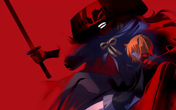 HD PC desktop wallpaper: Okada Izou (Fate/Grand Order) looms in shadow with drawn sword as Fujimaru Ritsuka clings to them against a blood-red anime backdrop.