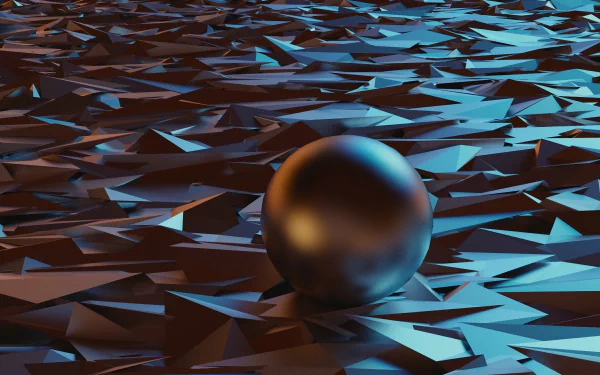 HD PC desktop wallpaper featuring an abstract dark metallic sphere resting on a surface of irregular, angular shards with blue and copper lighting accents.