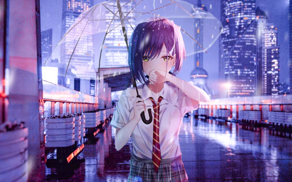 A HD wallpaper featuring Ichigo from Darling in the FranXX standing under an umbrella in the rain, with a cityscape backdrop illuminated by neon lights.