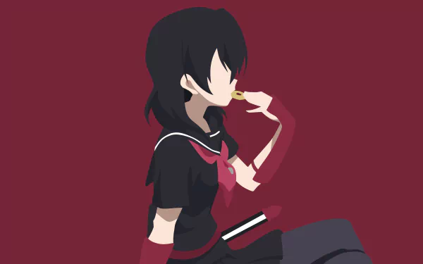Anime-style 8K wallpaper of Kurome from Akame ga Kill! with black hair, wearing a bow, eating food against a deep red background.