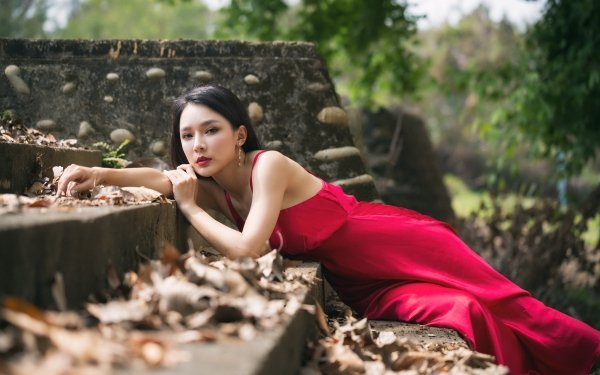 Women Asian Model Lipstick Red Dress Black Hair HD Wallpaper | Background Image