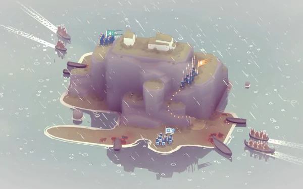 HD desktop wallpaper featuring a serene, strategic scene from the game Bad North, with tiny soldiers defending an island.