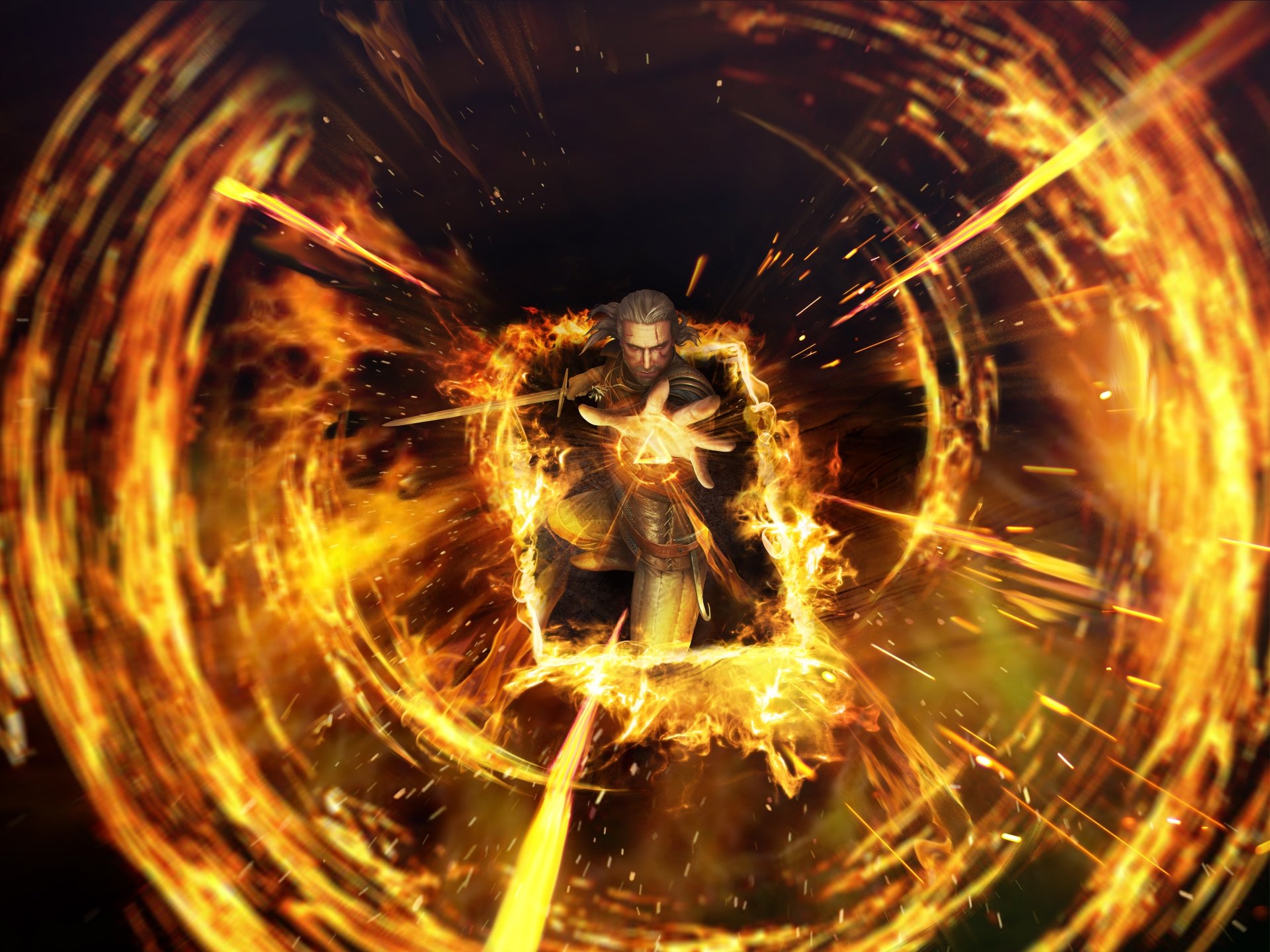 Geralt of Rivia unleashing a fiery magical attack in an intense scene from The Witcher 3: Wild Hunt, featured in this 8K Ultra HD Gwent: The Witcher Card Game wallpaper.