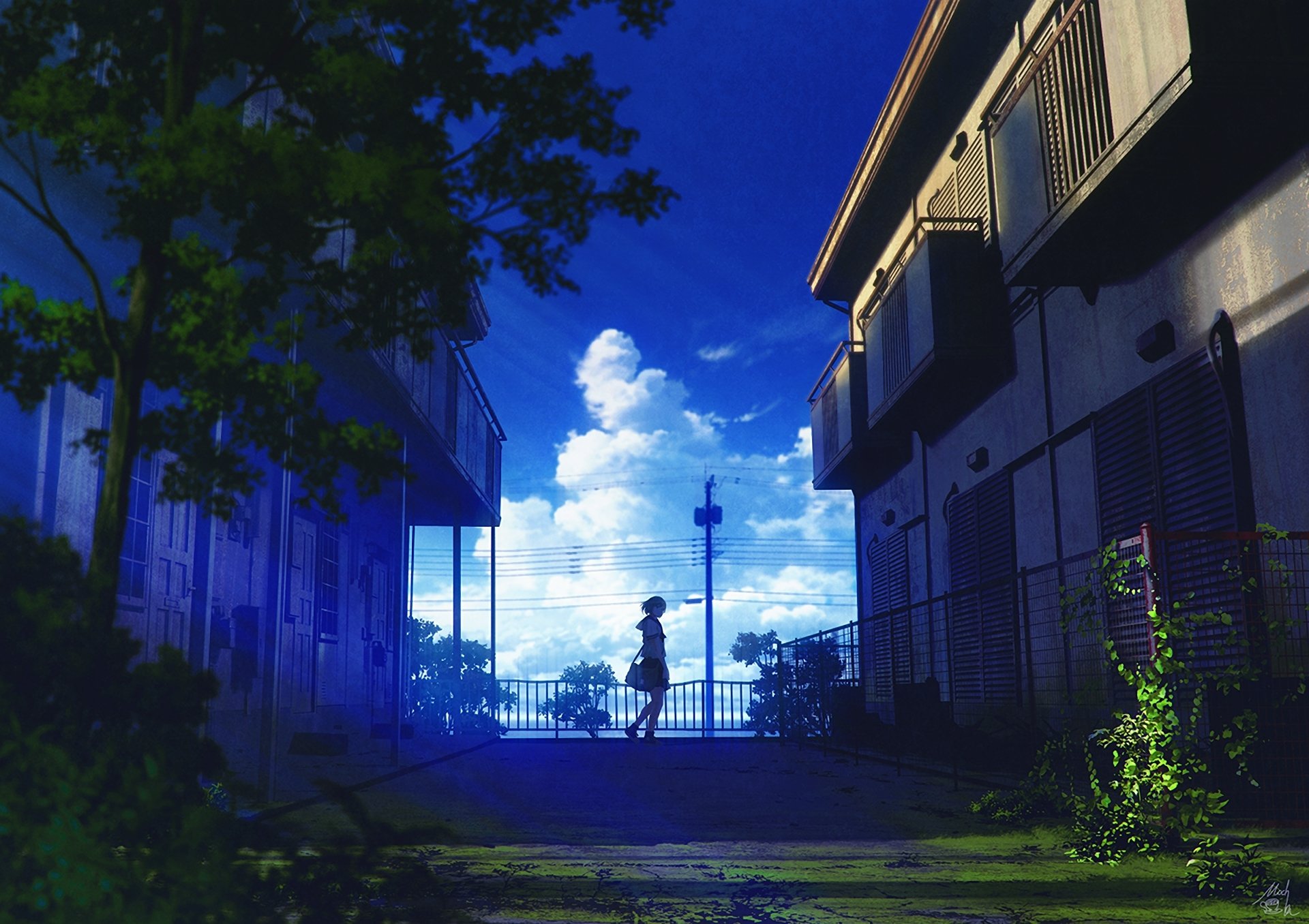 An anime-style HD wallpaper depicting a serene street scene under a vibrant blue sky with scattered clouds, framed by buildings on either side. A lone figure is walking in the distance.