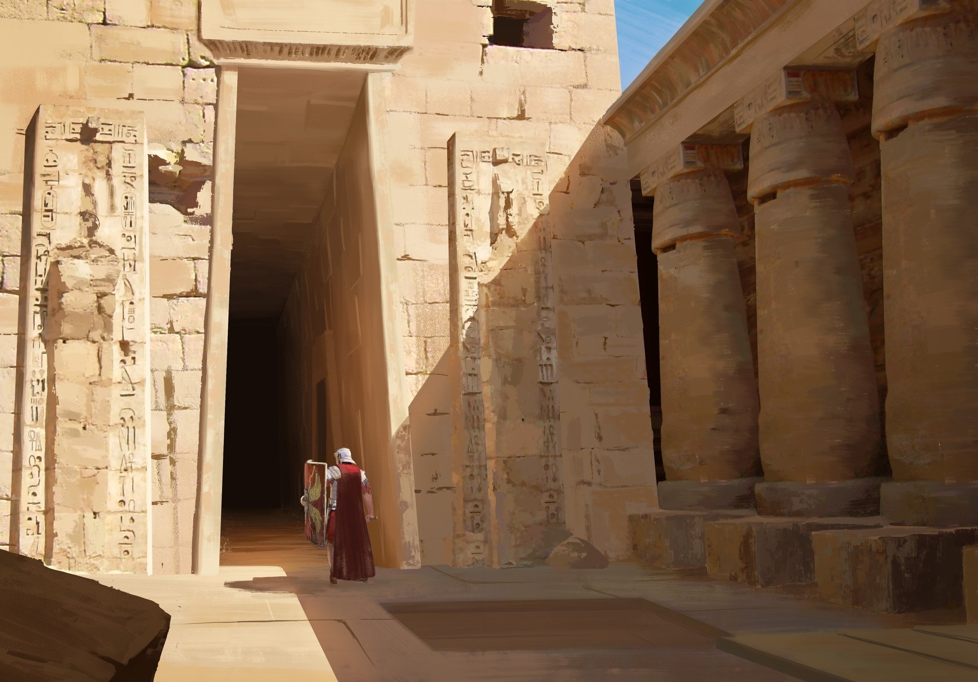 HD PC desktop wallpaper featuring a Roman legionary fantasy warrior standing at the entrance of an ancient temple surrounded by stone columns and carvings.