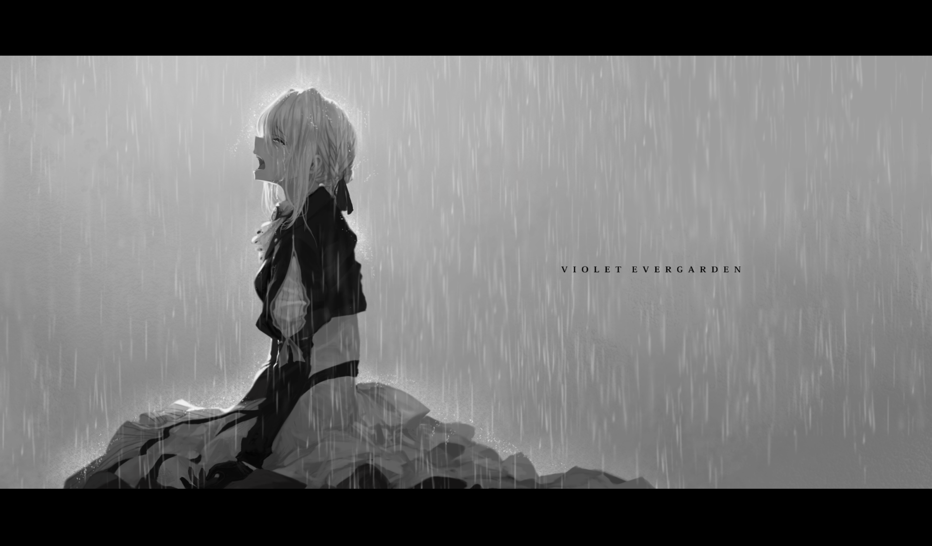 HD anime desktop wallpaper featuring Violet Evergarden, the character, sitting in the rain with a monochrome background and her name displayed beside her.