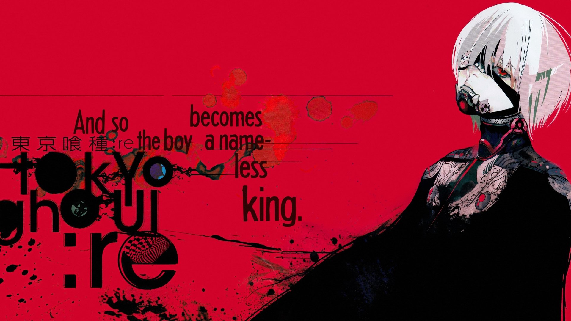 Ken Kaneki from Tokyo Ghoul:re is featured in this striking 4K Ultra HD anime wallpaper with a red and black background and bold graphic text elements.