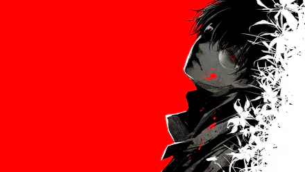 HD wallpaper featuring Haise Sasaki/Ken Kaneki from Tokyo Ghoul:re. The character is portrayed with black hair against a striking red background with white floral elements.