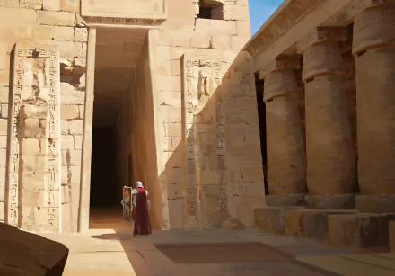 HD PC desktop wallpaper featuring a Roman legionary fantasy warrior standing at the entrance of an ancient temple surrounded by stone columns and carvings.