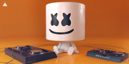 HD desktop wallpaper featuring Marshmello sitting between DJ equipment on an orange background.