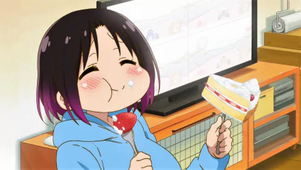 HD anime desktop wallpaper featuring Elma from Miss Kobayashi's Dragon Maid enjoying a slice of cake in a cozy room setting.