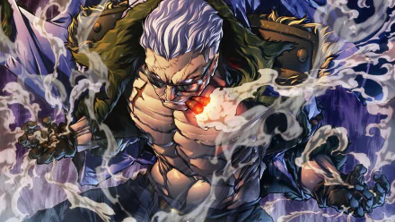 HD desktop wallpaper featuring Smoker from the anime One Piece, depicted with white hair, a fierce expression, and a glowing cigar surrounded by smoke.