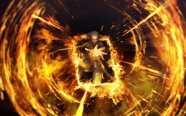 Geralt of Rivia unleashing a fiery magical attack in an intense scene from The Witcher 3: Wild Hunt, featured in this 8K Ultra HD Gwent: The Witcher Card Game wallpaper.