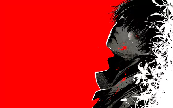 HD wallpaper featuring Haise Sasaki/Ken Kaneki from Tokyo Ghoul:re. The character is portrayed with black hair against a striking red background with white floral elements.