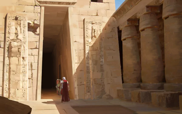 HD PC desktop wallpaper featuring a Roman legionary fantasy warrior standing at the entrance of an ancient temple surrounded by stone columns and carvings.