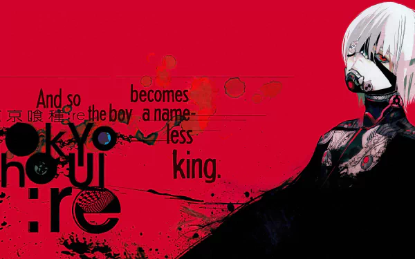 Ken Kaneki from Tokyo Ghoul:re is featured in this striking 4K Ultra HD anime wallpaper with a red and black background and bold graphic text elements.