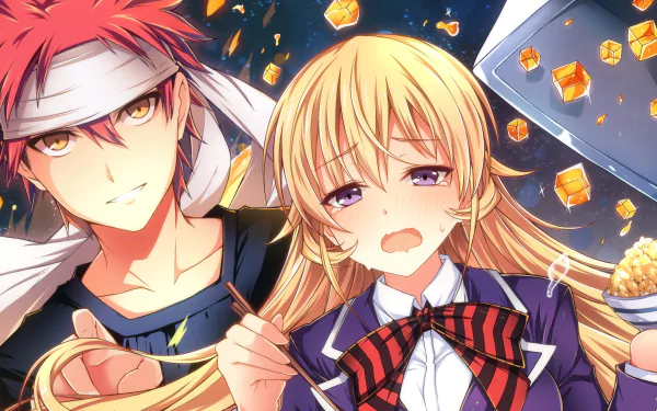 4K Ultra HD anime wallpaper featuring Sōma Yukihira and Erina Nakiri from Food Wars: Shokugeki no Soma, showcasing dynamic cooking action and vibrant colors.
