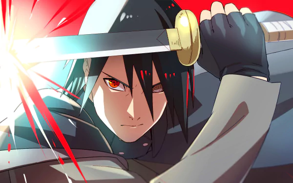 HD desktop wallpaper featuring Sasuke Uchiha from Naruto, showcasing his Rinnegan and Sharingan eyes in a dynamic and intense pose with his sword. Bright and vivid anime colors highlight the action scene.
