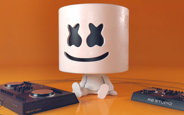 HD desktop wallpaper featuring Marshmello sitting between DJ equipment on an orange background.
