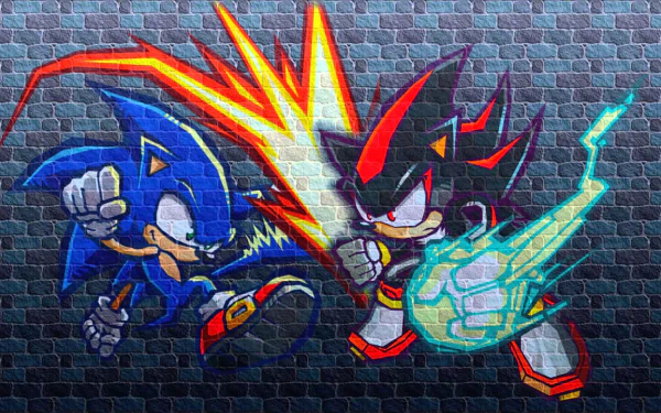 HD PC desktop wallpaper featuring Sonic the Hedgehog and Shadow the Hedgehog from Sega's Sonic Battle video game, depicted in dynamic action against a brick wall background.