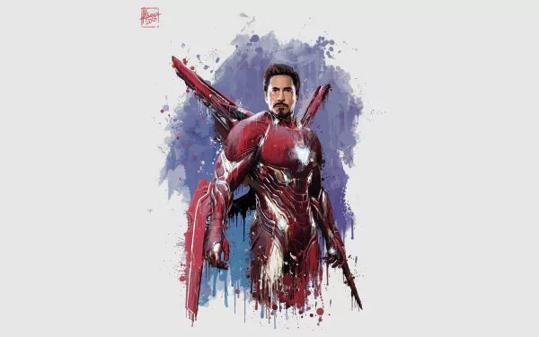 4K Ultra HD wallpaper featuring Robert Downey Jr. as Iron Man from Avengers: Infinity War in a dynamic, painted-style portrait.