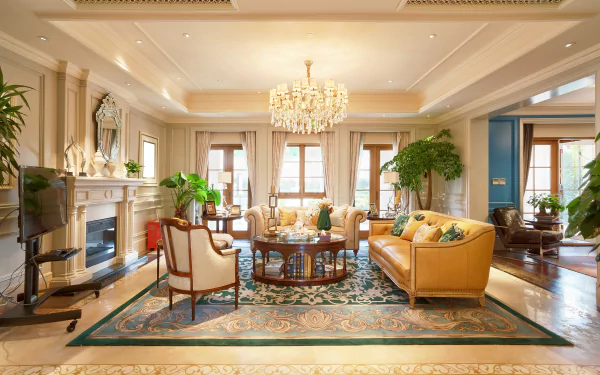 4K Ultra HD PC desktop wallpaper and background: elegant man-made living room with crystal chandelier, plush sofas, classic furniture, ornate rug, and sunlit windows.