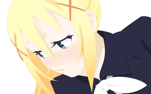 Close-up of Darkness from Kono Subarashii Sekai ni Shukufuku wo! anime, showing her blonde hair, blue eyes, and navy outfit in 8K Ultra HD PC wallpaper quality.