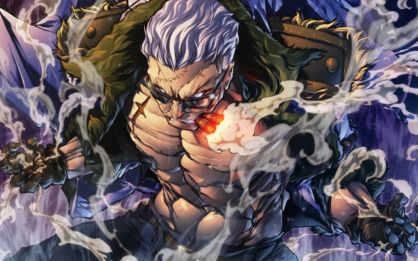 HD desktop wallpaper featuring Smoker from the anime One Piece, depicted with white hair, a fierce expression, and a glowing cigar surrounded by smoke.