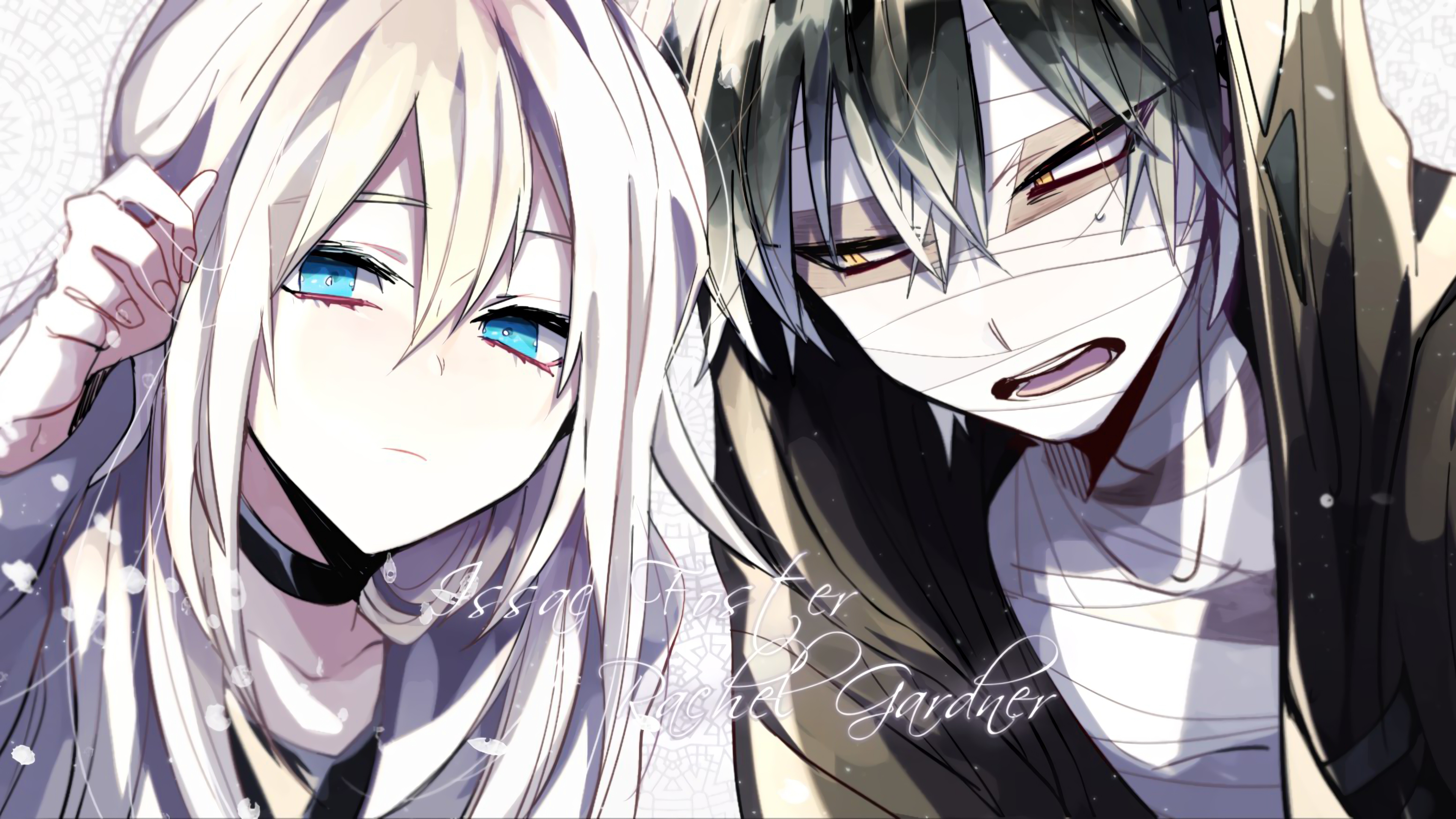 HD wallpaper featuring Zack and Rachel Gardner from the anime Satsuriku no Tenshi (Angels of Death). The characters are portrayed with expressive emotions, creating an intense and gripping background.