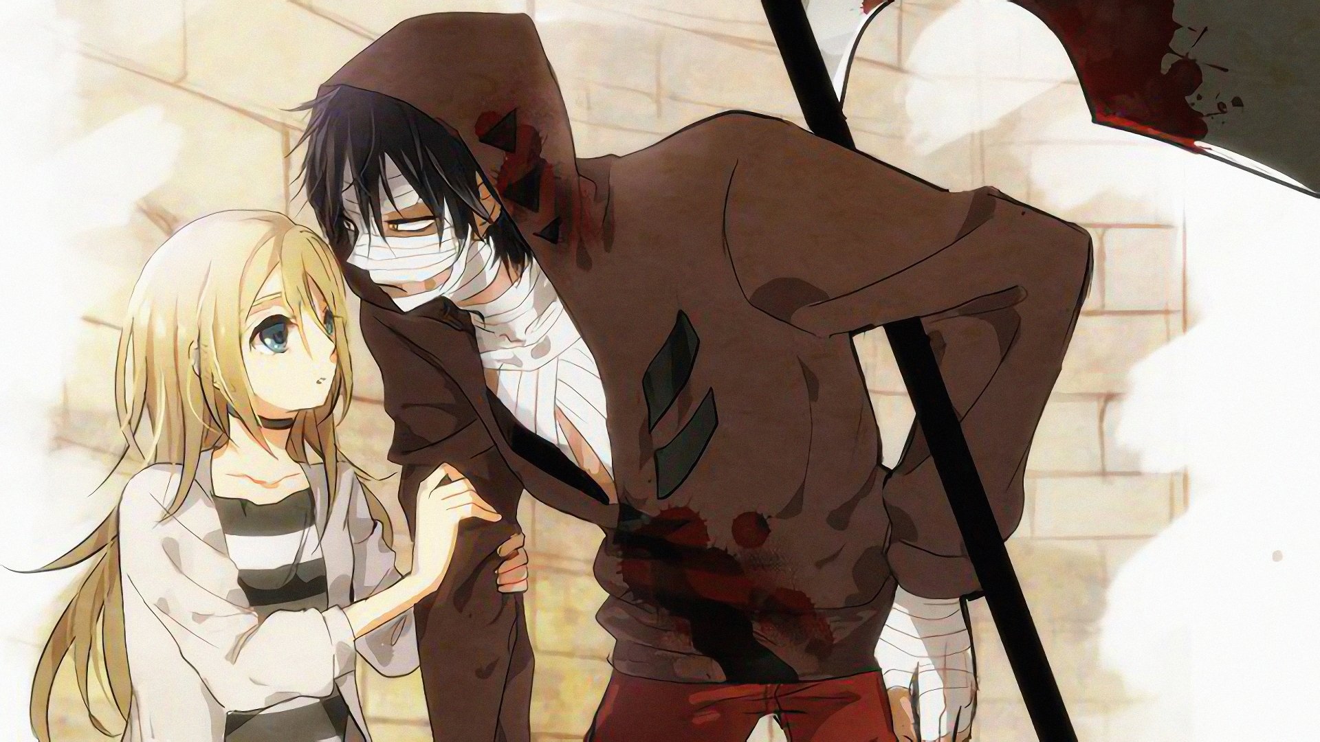 Anime-style 4K Ultra HD wallpaper featuring Rachel Gardner and Zack from Angels of Death, showcasing their tense yet protective dynamic.