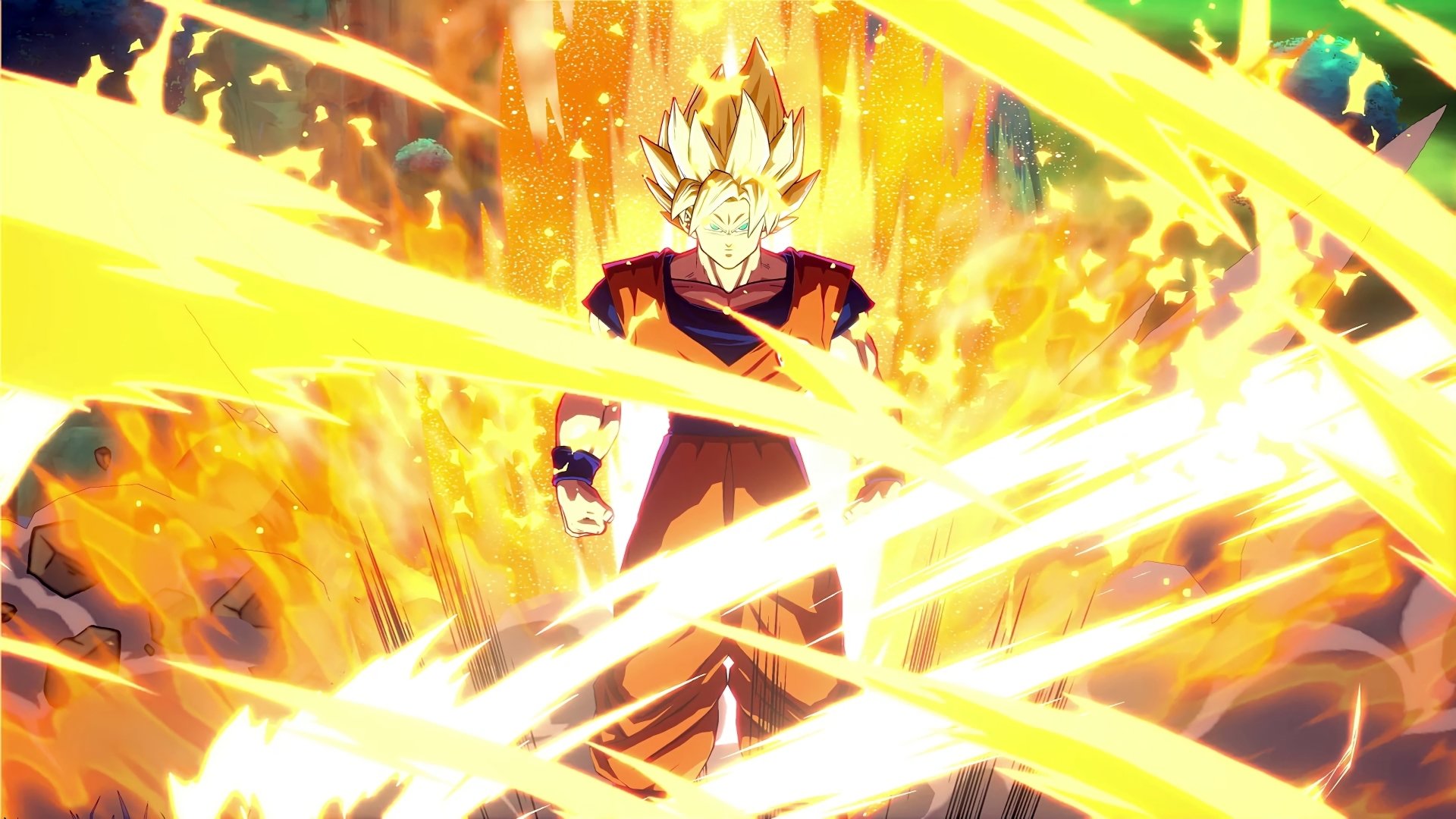 4K Ultra HD PC wallpaper featuring Goku in Super Saiyan 2 form from the Dragon Ball FighterZ video game, surrounded by vibrant golden energy and electric sparks.