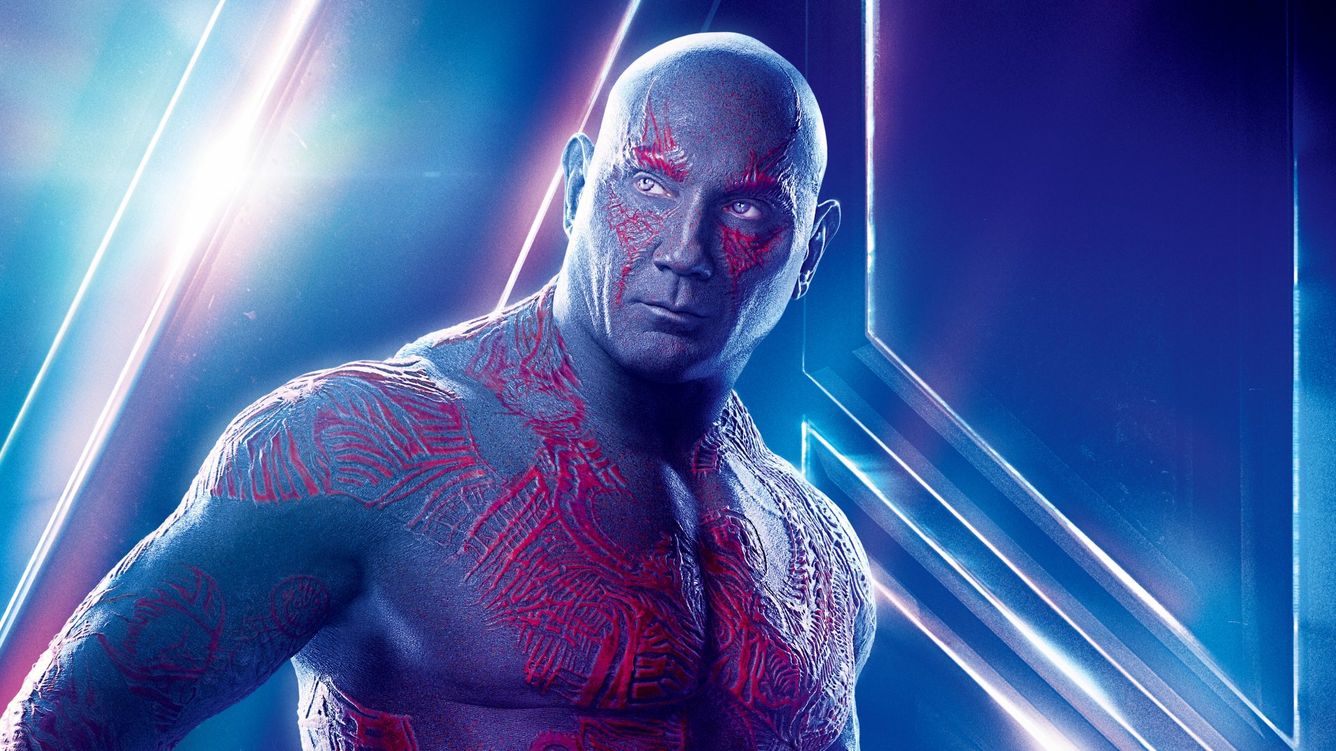 Drax the Destroyer with red tattoos and a fierce stare against a neon cosmic backdrop — Avengers: Infinity War movie 8K Ultra HD PC desktop wallpaper