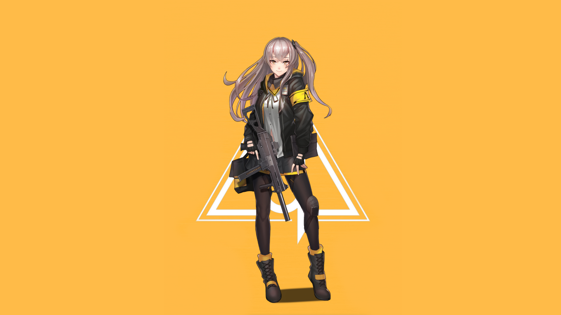 HD desktop wallpaper featuring UMP45 from Girls Frontline, with long white hair, wearing a skirt, and holding a gun against an orange background with a white geometric design.