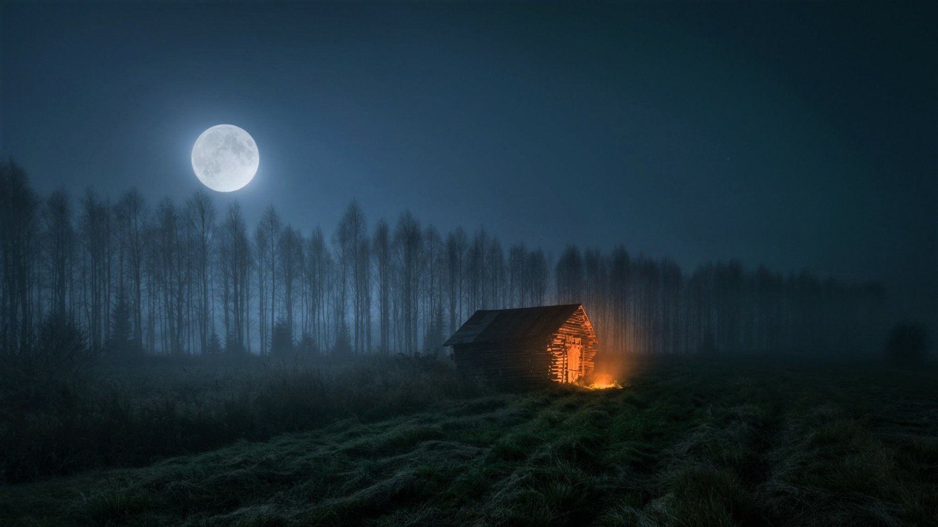 A serene HD desktop wallpaper features a full moon illuminating a field with a lone cabin, nestled among trees on a misty night. A warm light glows from the cabin, creating a tranquil and cozy scene.