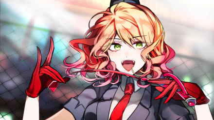 4K Ultra HD PC desktop wallpaper of Angels of Death's Catherine Ward: anime-style, grinning pink-blonde hair, green eyes, red gloves and tie, holding a chain before a chain-link fence.