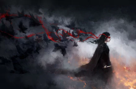 A dark, atmospheric HD PC wallpaper featuring a woman with black hair and a blindfold, surrounded by crows emerging from red ribbons in a smoky, fiery background.