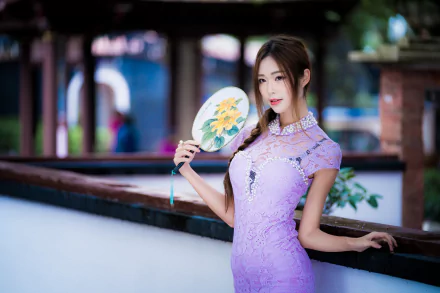Asian woman with brunette braid and brown eyes wears a purple dress, holding a decorative fan, captured with depth of field in a 4K Ultra HD PC desktop wallpaper.