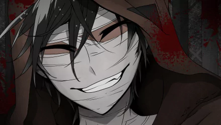 HD desktop wallpaper of Zack from Satsuriku no Tenshi (Angels of Death) with black hair and a smile, featuring a dark and intense background.