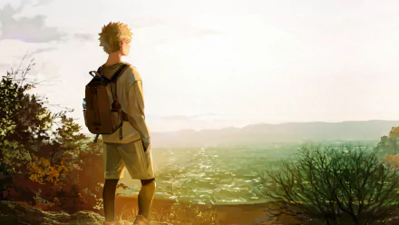 HD desktop wallpaper featuring Katsuki Bakugou from My Hero Academia, standing on a hilltop overlooking a vast landscape, with a serene and golden sunset in the background.