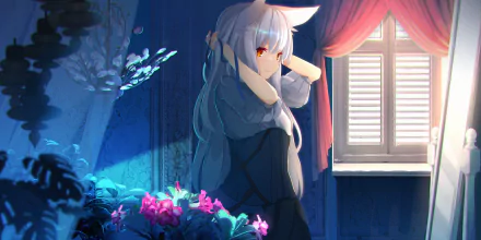 Anime-style HD desktop wallpaper featuring a character with long white hair, orange eyes, and animal ears, set against a softly lit room with flowers and window shutters.