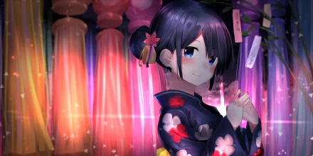 HD anime-style original artwork of a girl in a floral kimono holding a paper strip, set against glowing lanterns, designed as a PC desktop wallpaper background.